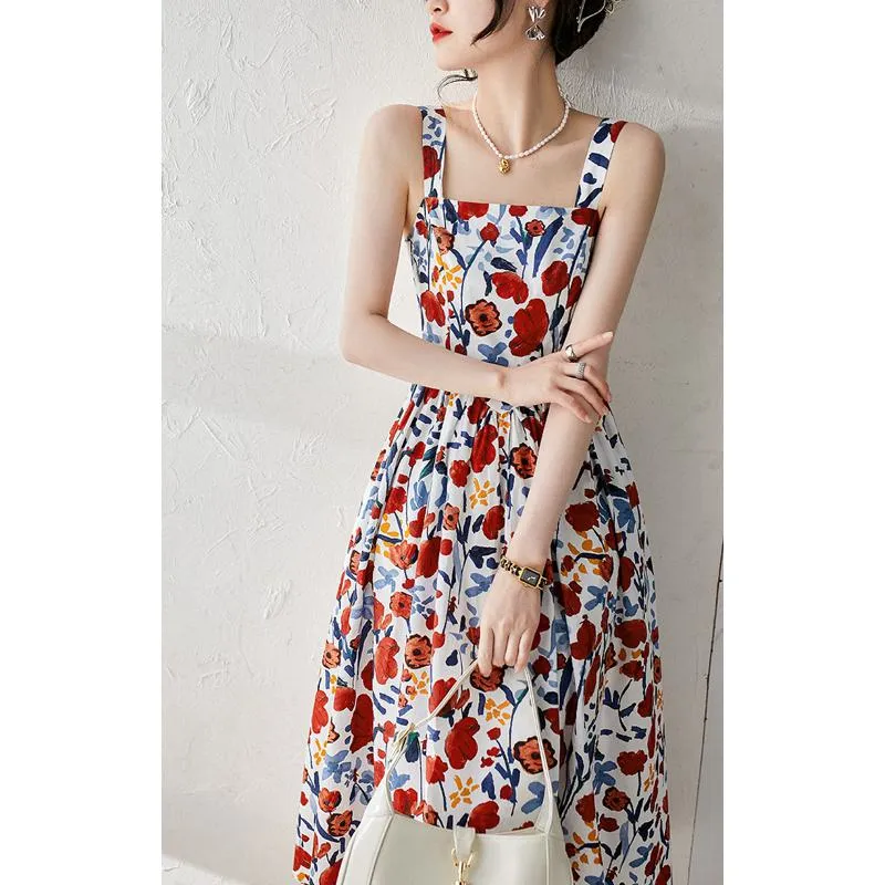 Print All Cotton Retro Sleeveless Square Collar Midi Dress