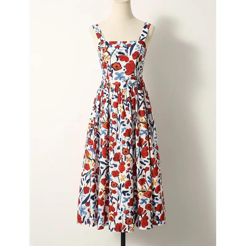 Print All Cotton Retro Sleeveless Square Collar Midi Dress
