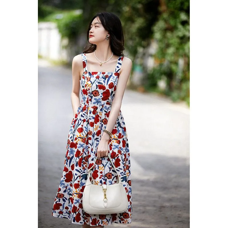 Print All Cotton Retro Sleeveless Square Collar Midi Dress