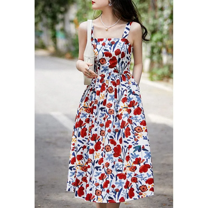 Print All Cotton Retro Sleeveless Square Collar Midi Dress