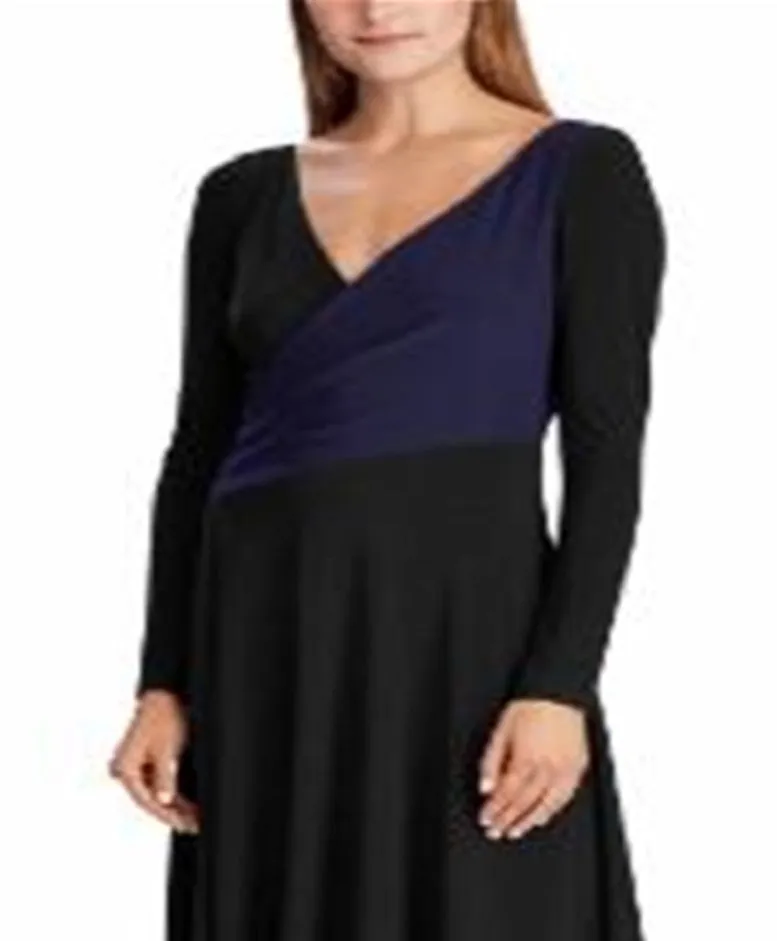 Ralph Lauren Women's Long Sleeve Tea Length Trapeze Formal Dress Black Size 6