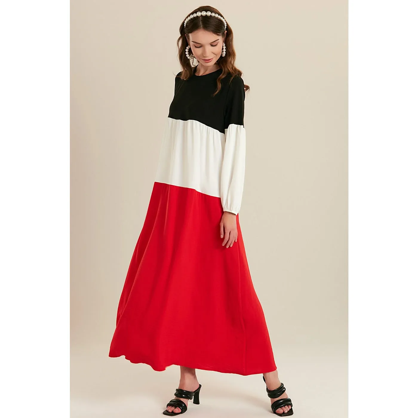 Red Color Block Long Dress