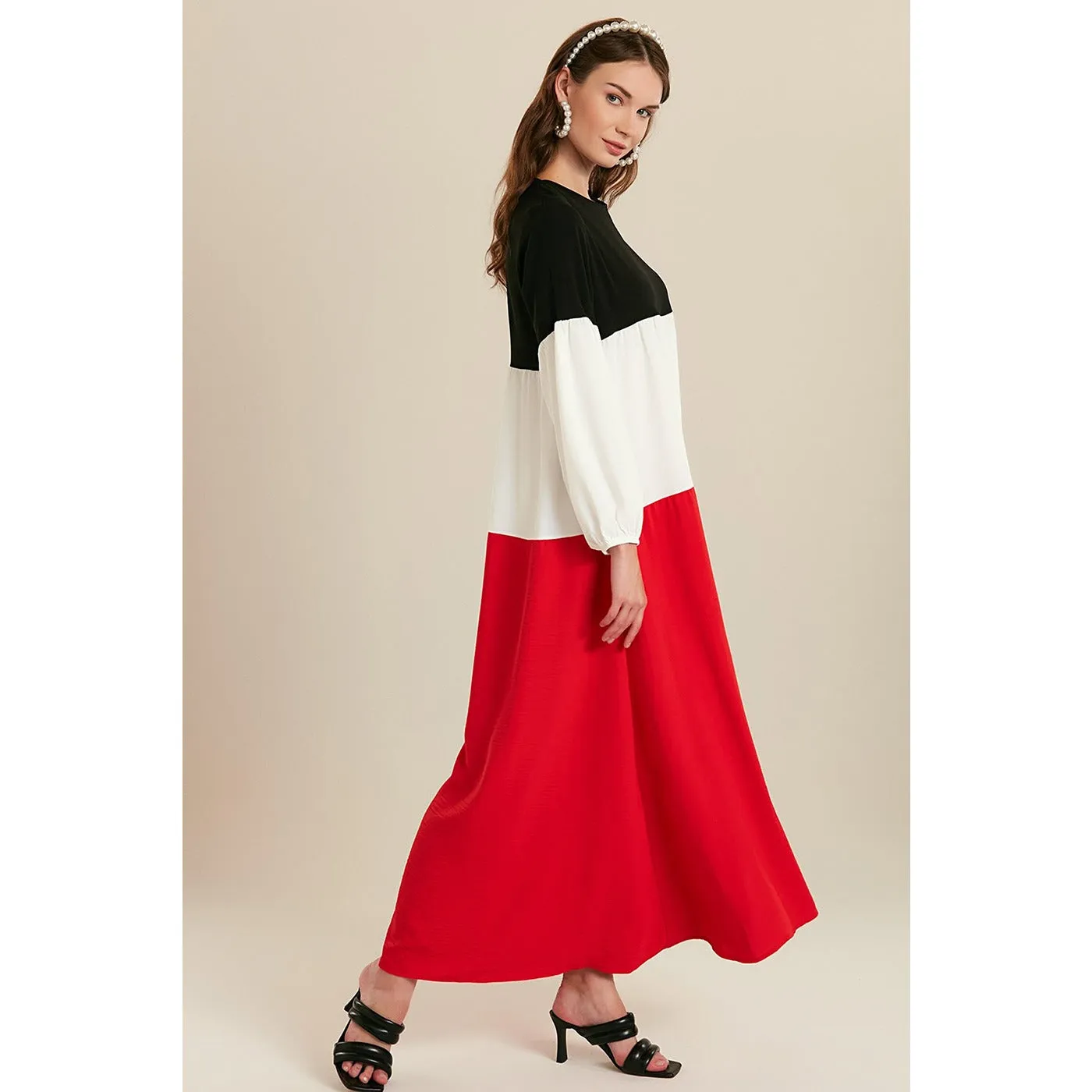 Red Color Block Long Dress
