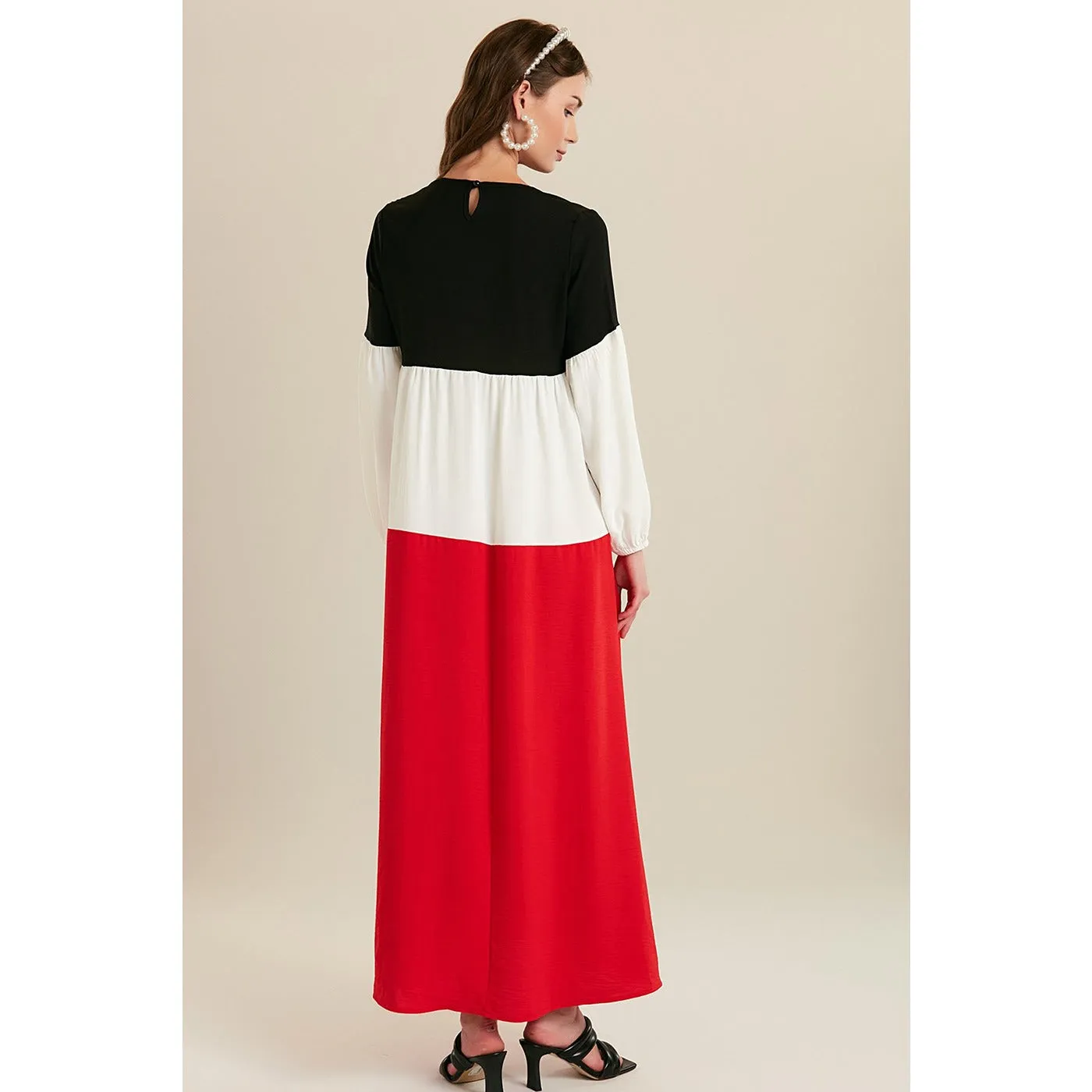 Red Color Block Long Dress