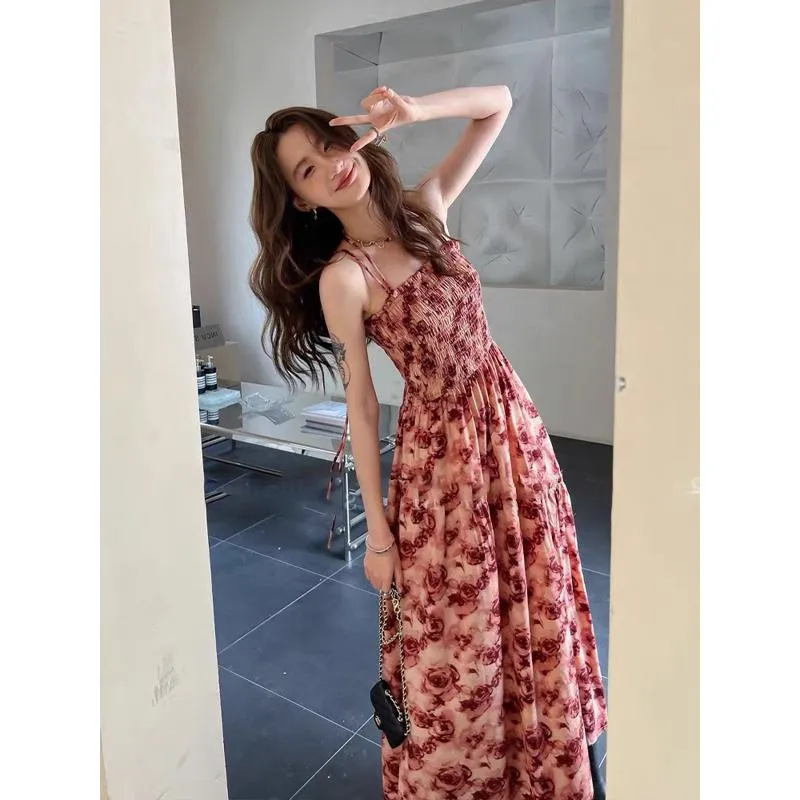 Retro Floral Print Strapless French Style Slimming Cinched Waist Dress