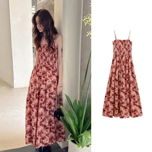 Retro Floral Print Strapless French Style Slimming Cinched Waist Dress