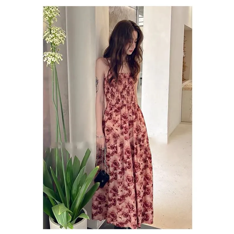 Retro Floral Print Strapless French Style Slimming Cinched Waist Dress