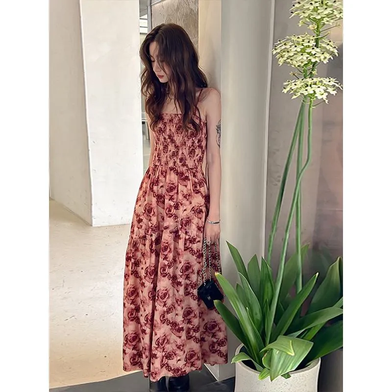 Retro Floral Print Strapless French Style Slimming Cinched Waist Dress