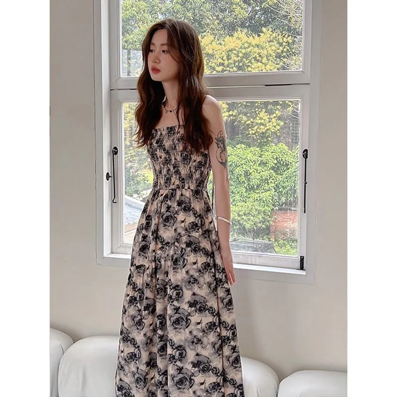 Retro Floral Print Strapless French Style Slimming Cinched Waist Dress