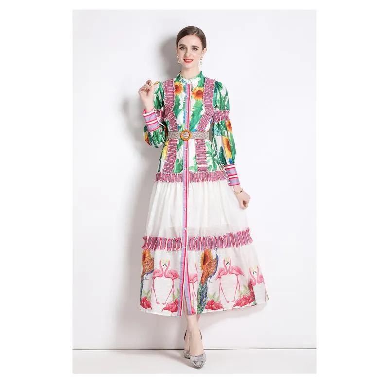 Ruffle Hem Lantern Stand-Up Collar Print Color Blocking Chic Vacation Dress