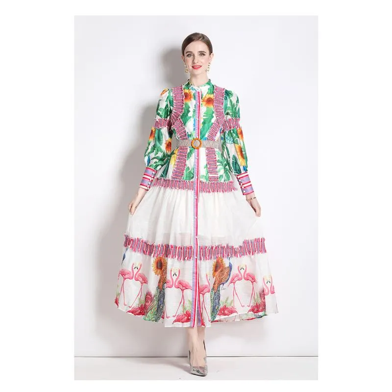 Ruffle Hem Lantern Stand-Up Collar Print Color Blocking Chic Vacation Dress