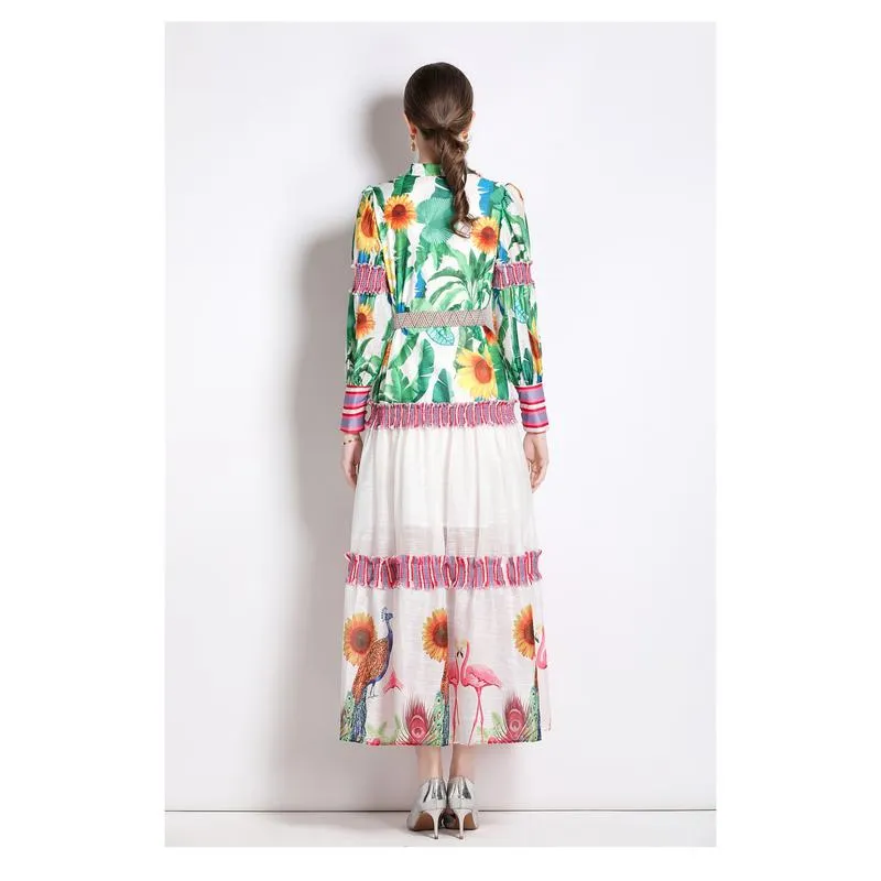 Ruffle Hem Lantern Stand-Up Collar Print Color Blocking Chic Vacation Dress