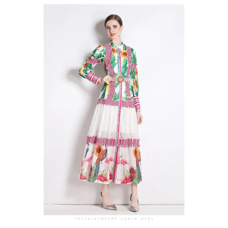 Ruffle Hem Lantern Stand-Up Collar Print Color Blocking Chic Vacation Dress