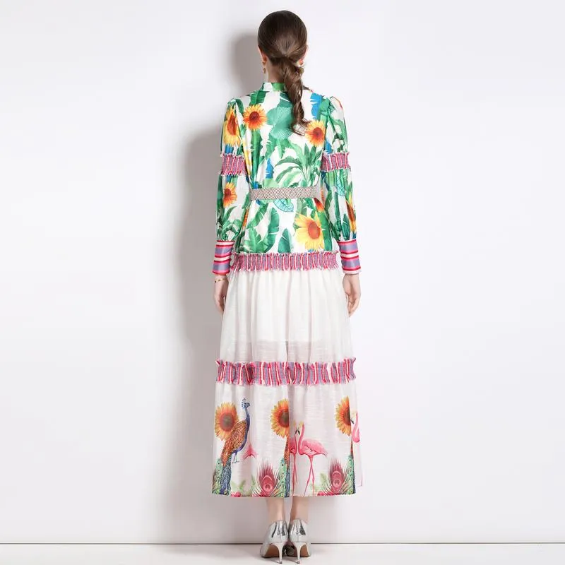 Ruffle Hem Lantern Stand-Up Collar Print Color Blocking Chic Vacation Dress