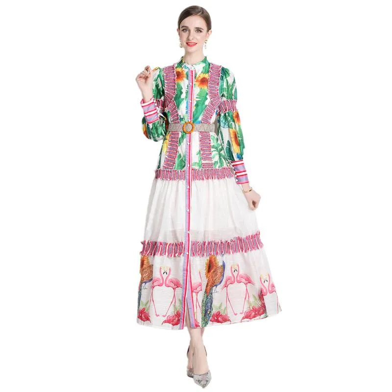 Ruffle Hem Lantern Stand-Up Collar Print Color Blocking Chic Vacation Dress