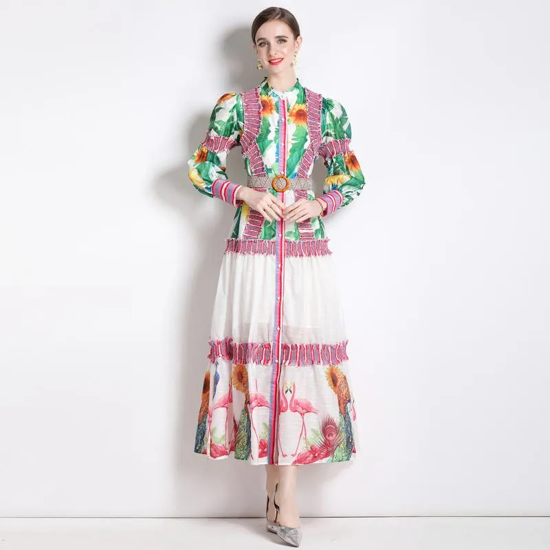 Ruffle Hem Lantern Stand-Up Collar Print Color Blocking Chic Vacation Dress