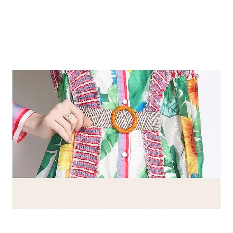 Ruffle Hem Lantern Stand-Up Collar Print Color Blocking Chic Vacation Dress