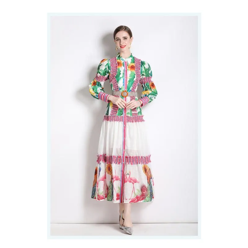 Ruffle Hem Lantern Stand-Up Collar Print Color Blocking Chic Vacation Dress