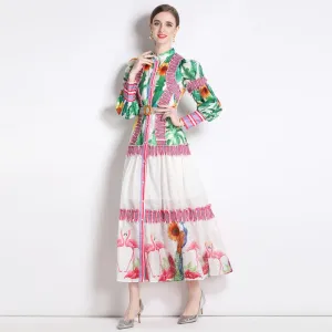 Ruffle Hem Lantern Stand-Up Collar Print Color Blocking Chic Vacation Dress