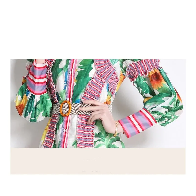 Ruffle Hem Lantern Stand-Up Collar Print Color Blocking Chic Vacation Dress