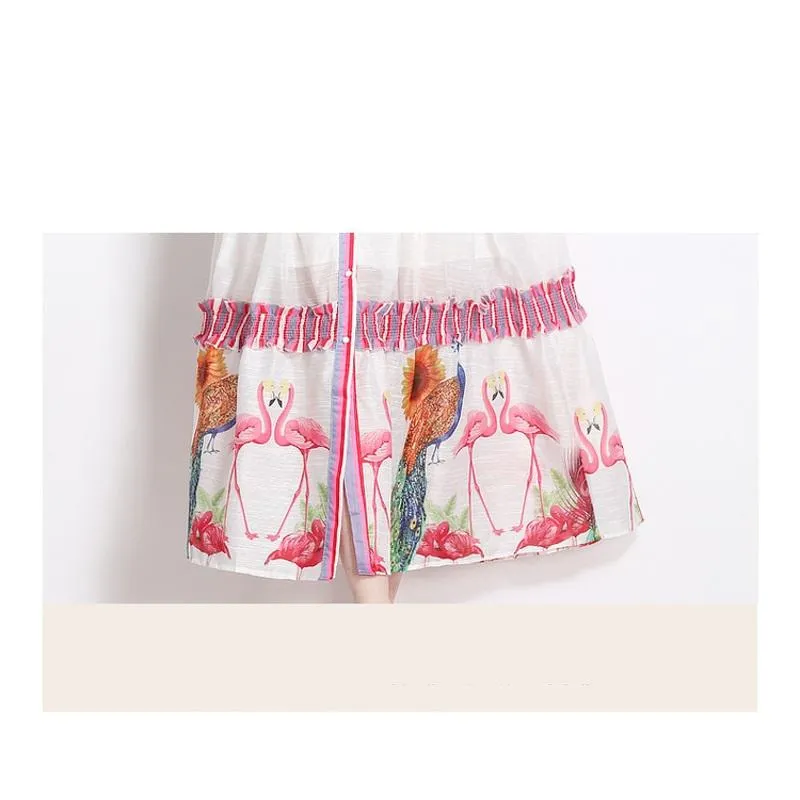 Ruffle Hem Lantern Stand-Up Collar Print Color Blocking Chic Vacation Dress