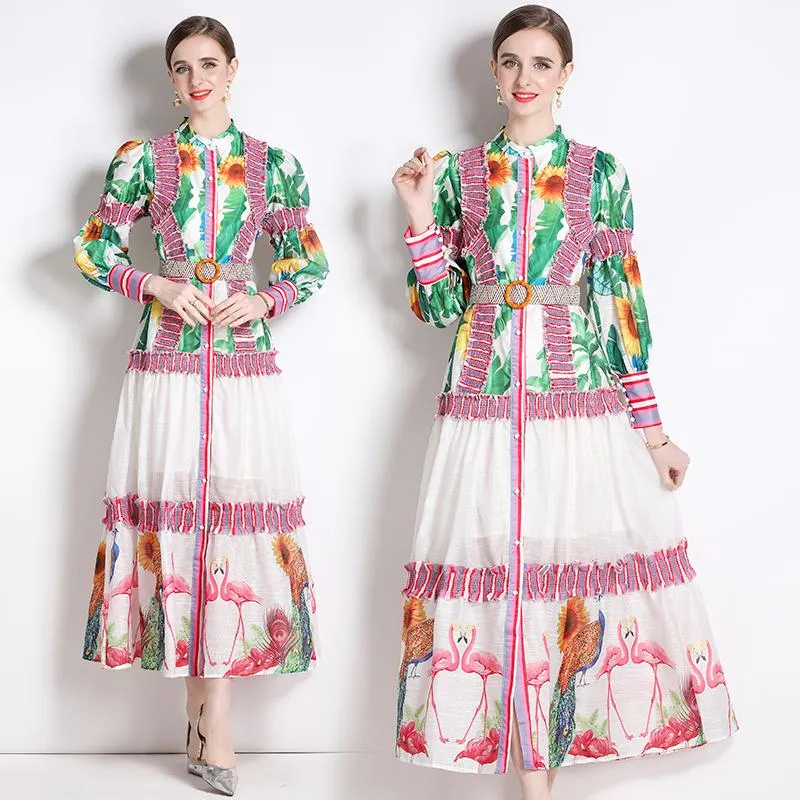 Ruffle Hem Lantern Stand-Up Collar Print Color Blocking Chic Vacation Dress
