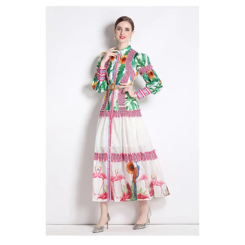Ruffle Hem Lantern Stand-Up Collar Print Color Blocking Chic Vacation Dress