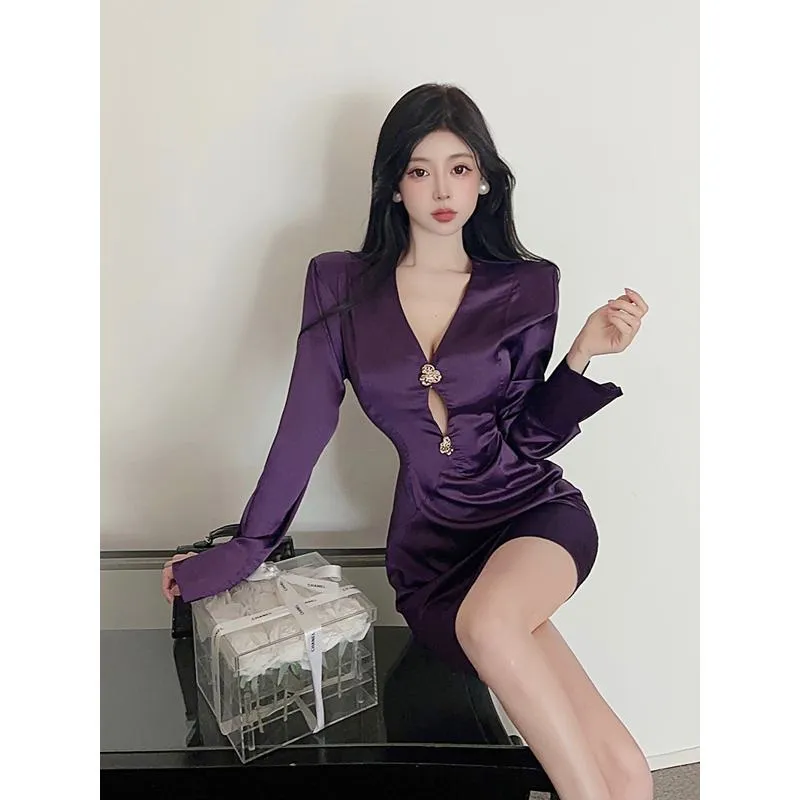 Slim-Fit Hip-Hugging Hollowed-Out Purple Invisible Niche Satin Finish Dress