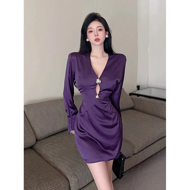 Slim-Fit Hip-Hugging Hollowed-Out Purple Invisible Niche Satin Finish Dress