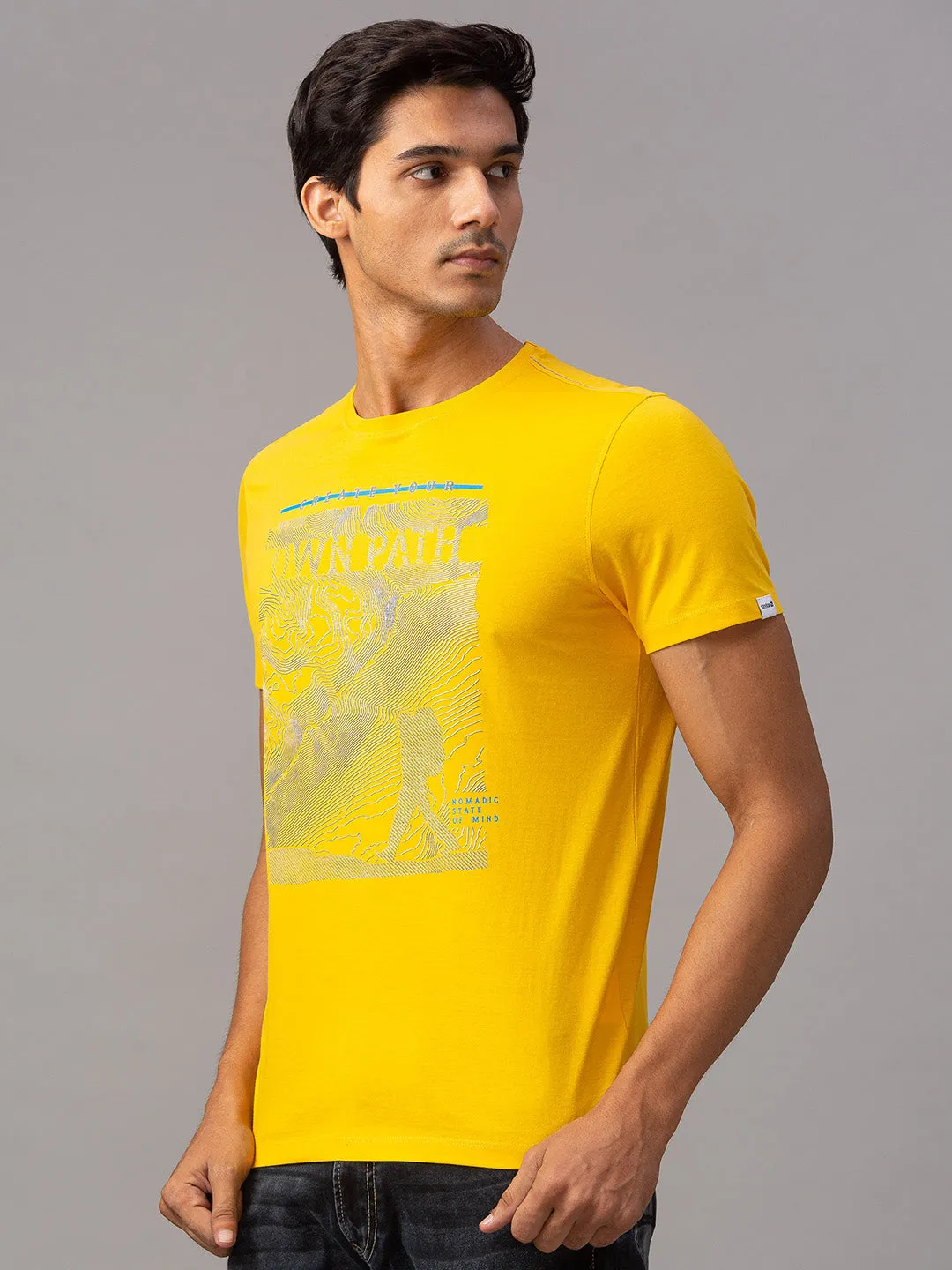 Spykar Men Yellow Cotton Slim Fit Round Neck T-Shirt
