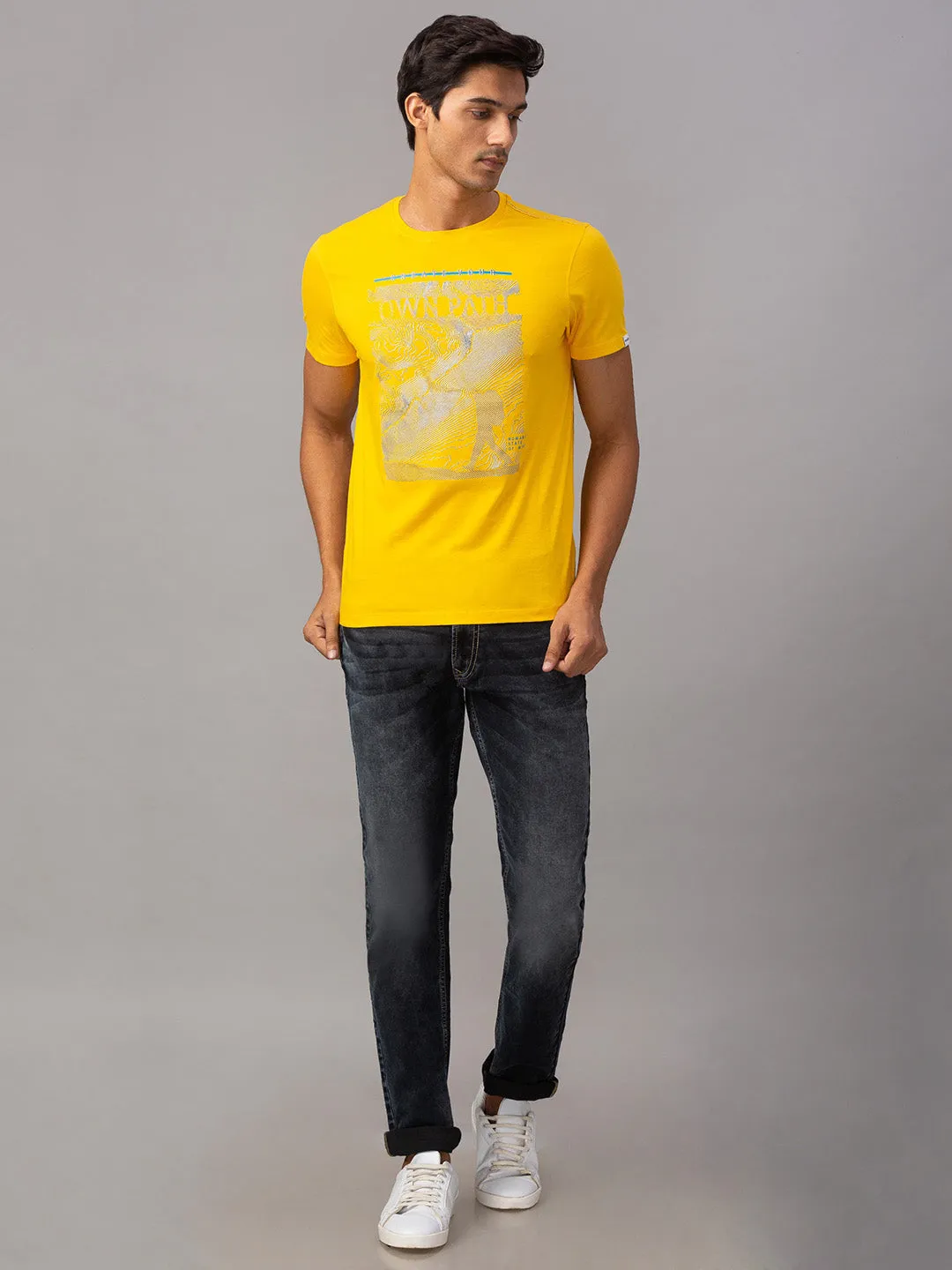 Spykar Men Yellow Cotton Slim Fit Round Neck T-Shirt