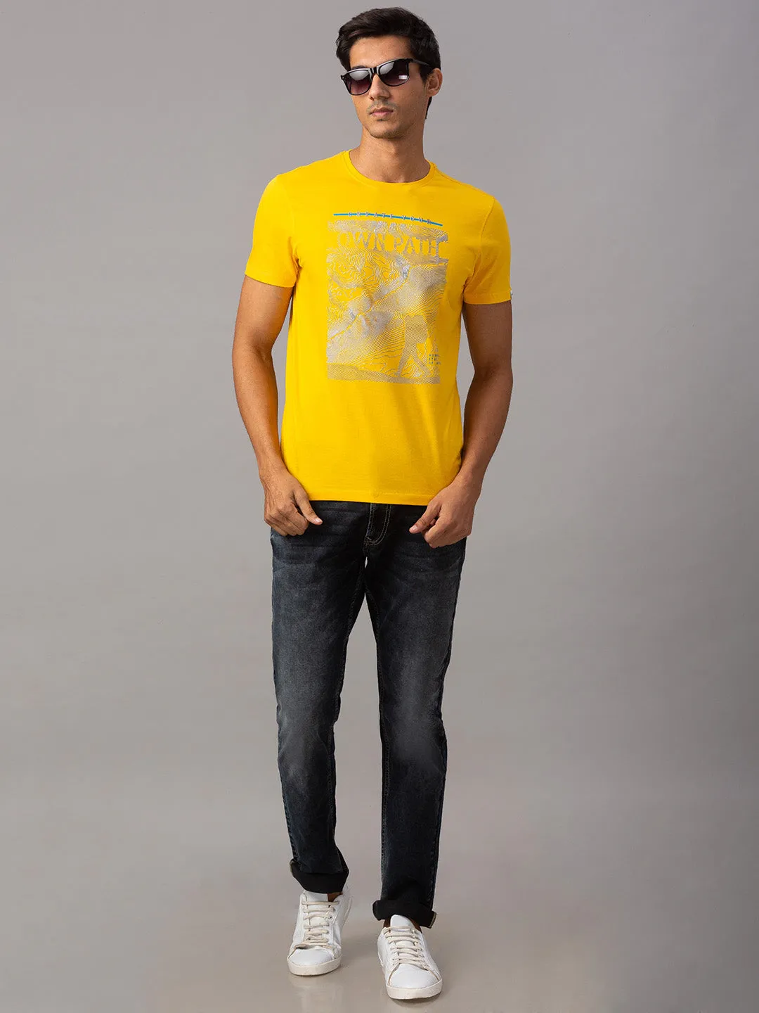 Spykar Men Yellow Cotton Slim Fit Round Neck T-Shirt