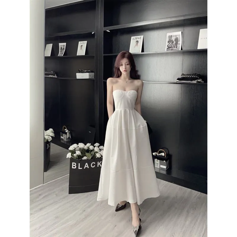 Strapless Cinched Waist Pit Strip Fluffy Skirt A-Line Dress