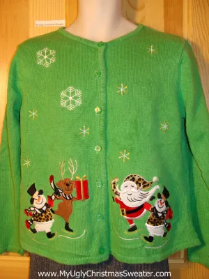 Tacky Ugly Green Christmas Sweater with Skating Santa, Reindeer, and Snowmen Wearing Leopard Clothing (f723)