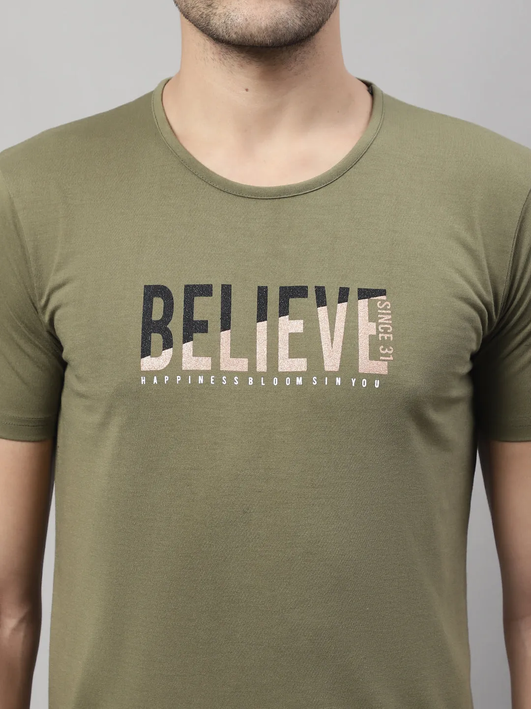 Vimal Jonney Round Neck Cotton Printed Olive T-Shirt for Men