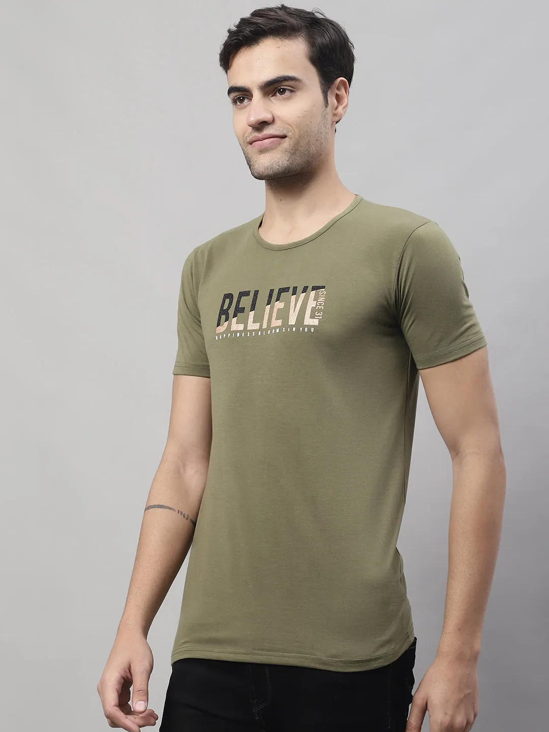 Vimal Jonney Round Neck Cotton Printed Olive T-Shirt for Men