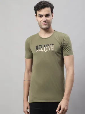 Vimal Jonney Round Neck Cotton Printed Olive T-Shirt for Men