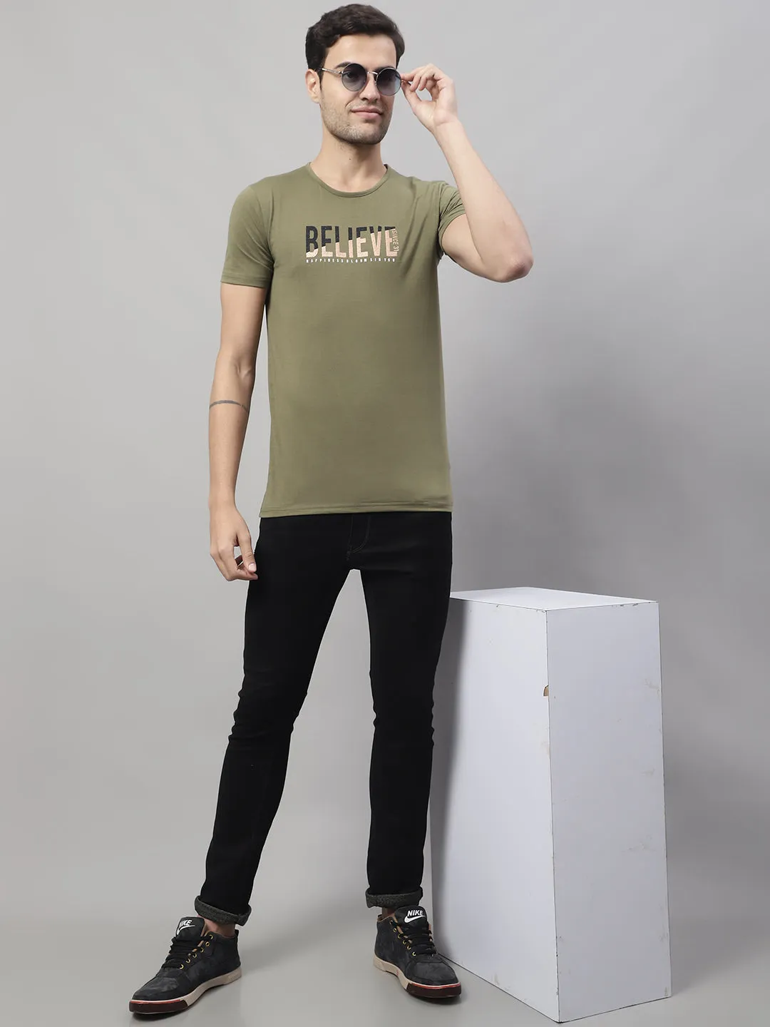 Vimal Jonney Round Neck Cotton Printed Olive T-Shirt for Men