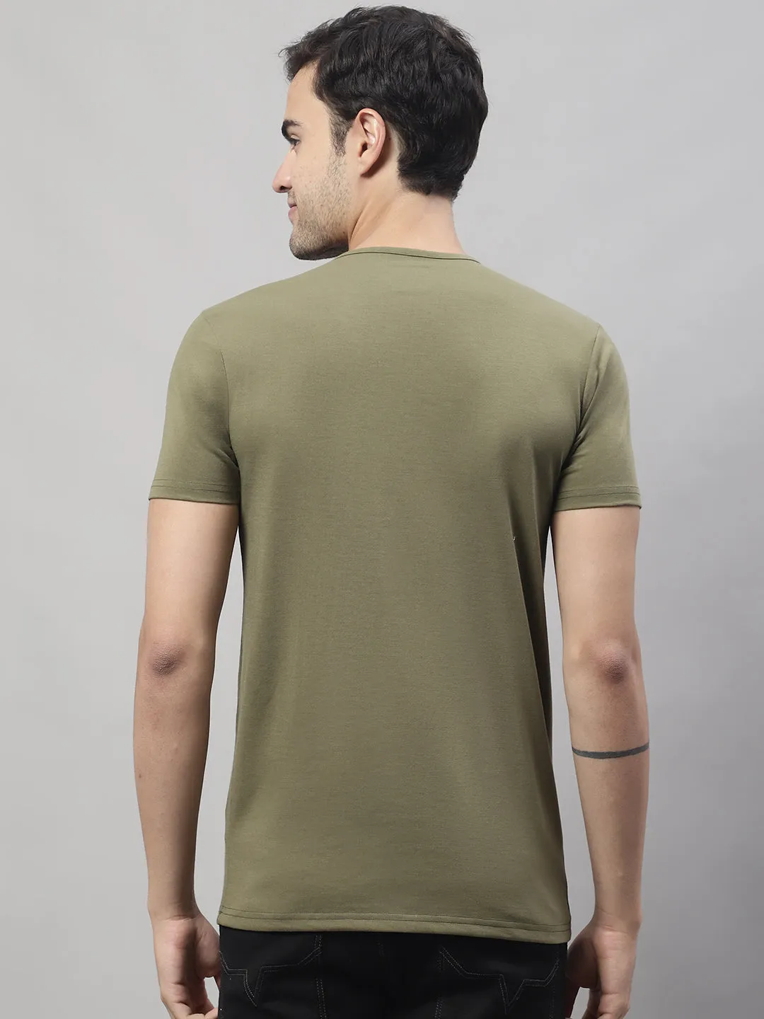 Vimal Jonney Round Neck Cotton Printed Olive T-Shirt for Men