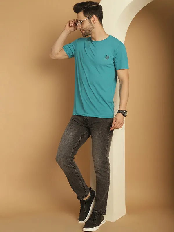 Vimal Jonney Round Neck Cotton Solid Ferozi T-Shirt for Men