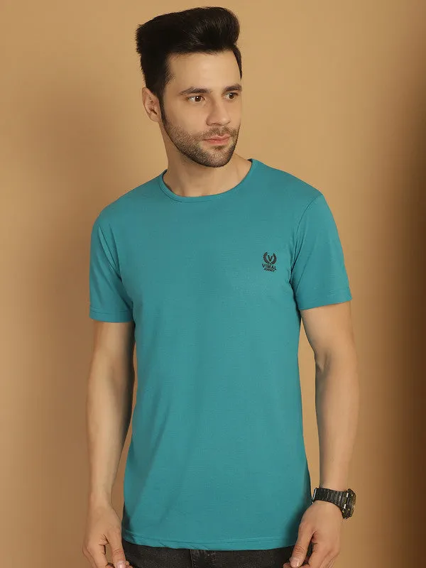 Vimal Jonney Round Neck Cotton Solid Ferozi T-Shirt for Men