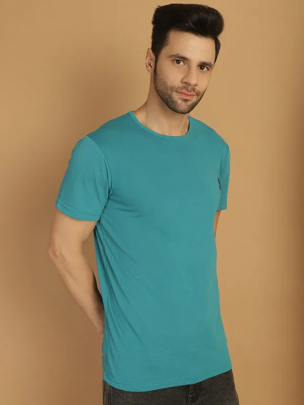 Vimal Jonney Round Neck Cotton Solid Ferozi T-Shirt for Men