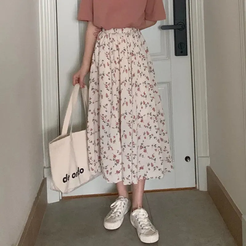 Vintage Floral Print A-line Pleated Long Skirts Summer Women 2023 Korean Skirt Streetwear Drawstring Elastic Waist Midi Skirt