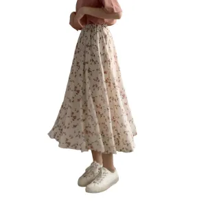 Vintage Floral Print A-line Pleated Long Skirts Summer Women 2023 Korean Skirt Streetwear Drawstring Elastic Waist Midi Skirt