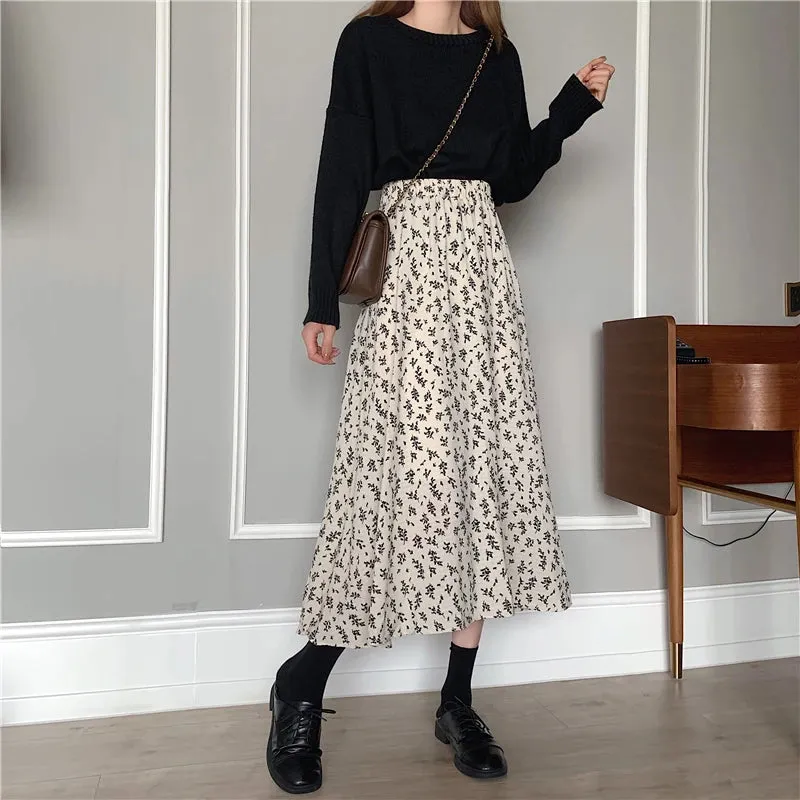 Vintage Floral Print A-line Pleated Long Skirts Summer Women 2023 Korean Skirt Streetwear Drawstring Elastic Waist Midi Skirt