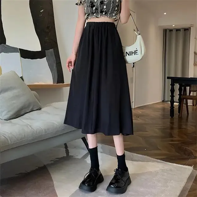 Vintage Floral Print A-line Pleated Long Skirts Summer Women 2023 Korean Skirt Streetwear Drawstring Elastic Waist Midi Skirt