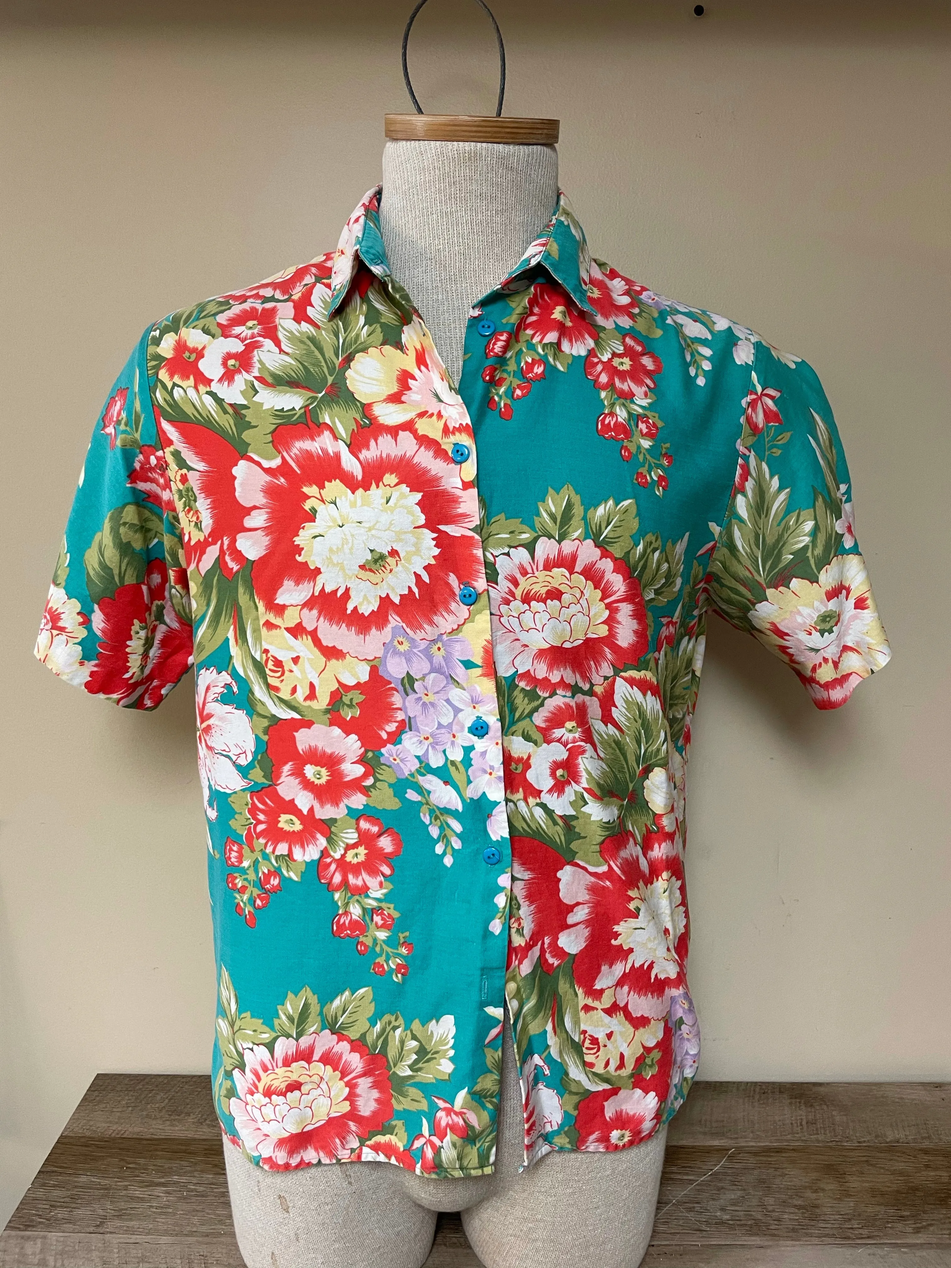 Vintage Wyndham Collection Womens Hawaiian Floral Short Sleeve Blouse Top Medium