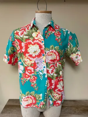 Vintage Wyndham Collection Womens Hawaiian Floral Short Sleeve Blouse Top Medium