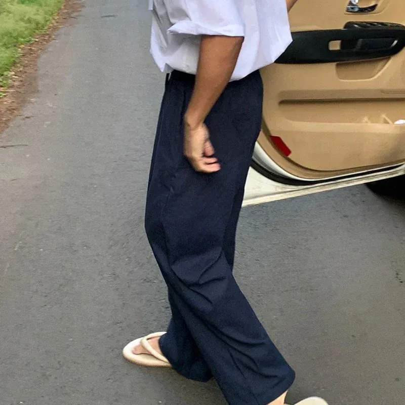 WIAOFELLAS  -  Lazy Style Drapey Casual Pants Men Summer Loose Linen Long Pants Korean Style Trendy Straight-leg Floor Mopping Aesthetic Urban