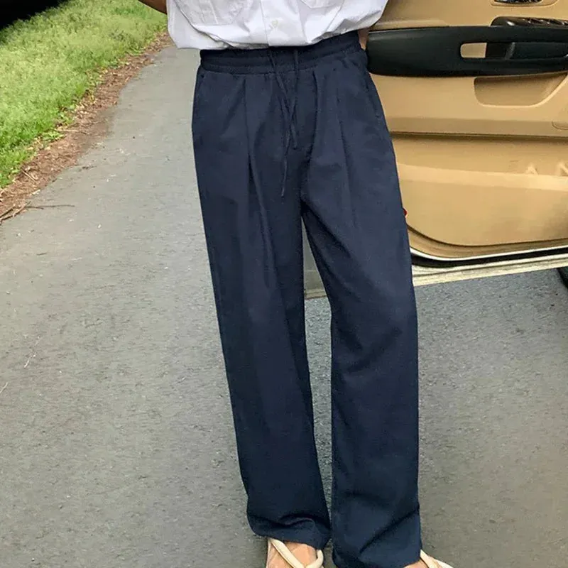 WIAOFELLAS  -  Lazy Style Drapey Casual Pants Men Summer Loose Linen Long Pants Korean Style Trendy Straight-leg Floor Mopping Aesthetic Urban